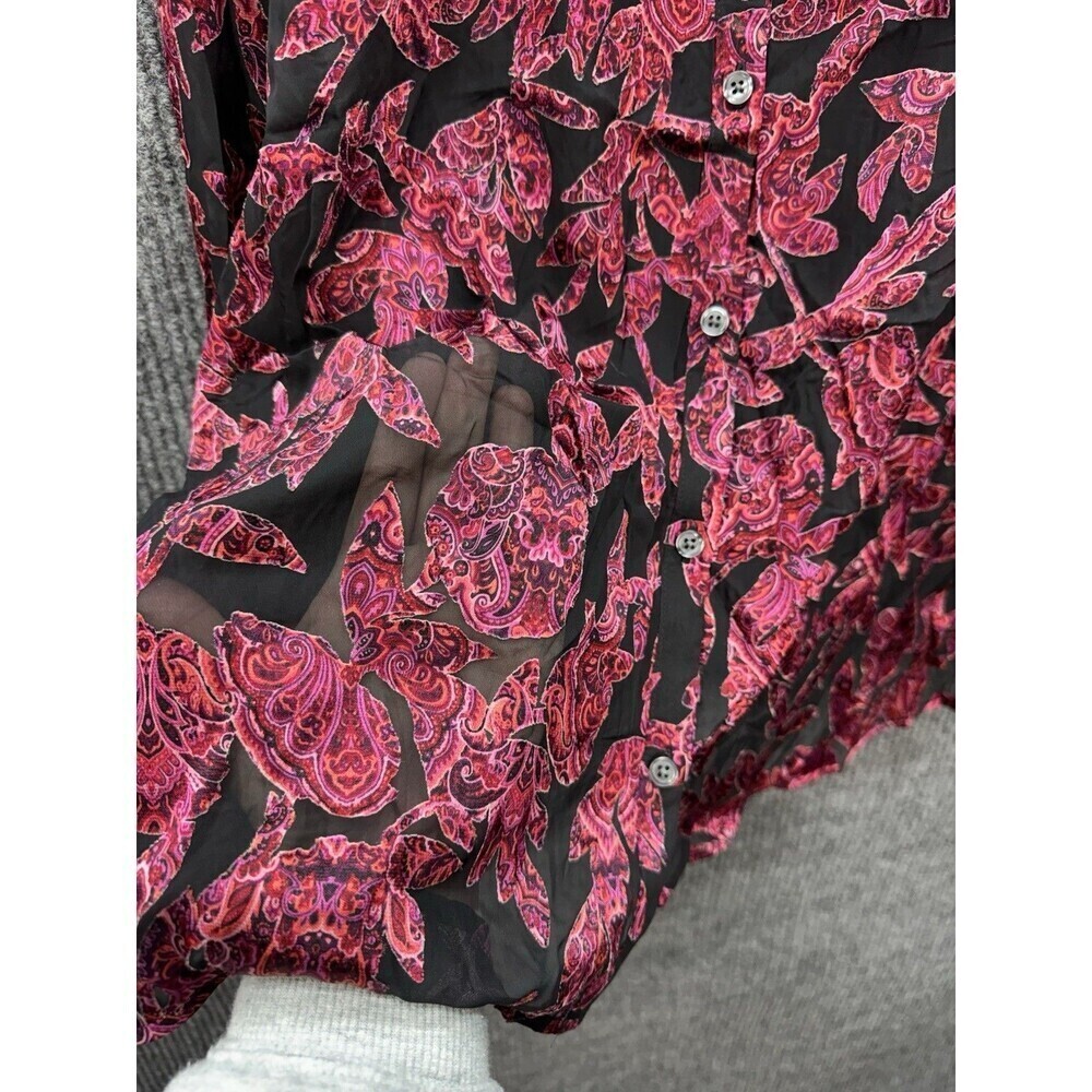J. Jill Burnout Semi Sheer Top Womens Large Red Black Floral Button Long Sleeve - Picture 3 of 12